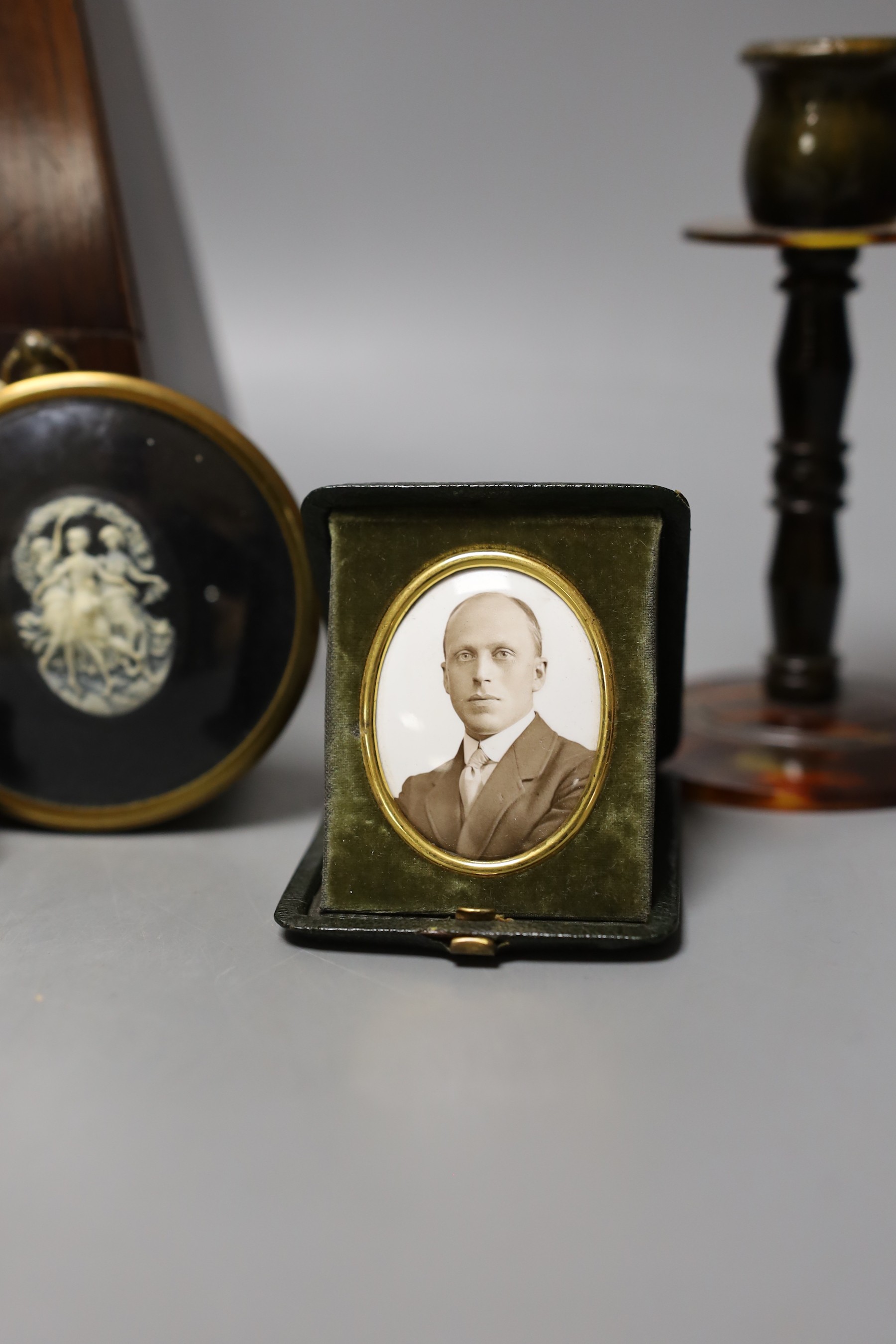 A 19th century rosewood metronome, faux ivory scale, together with other miscellaneous items (8)